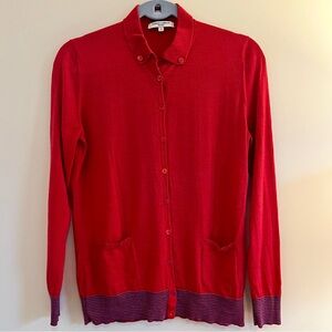 Barbara Lohmann Elegant Silk & Wool Red Cardigan with BlueTrim